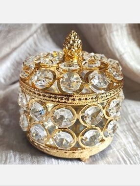 Jewelry Jewel Box Faceted Crystals Heavy Gold Plate Finial Mirrored Velvet NEW